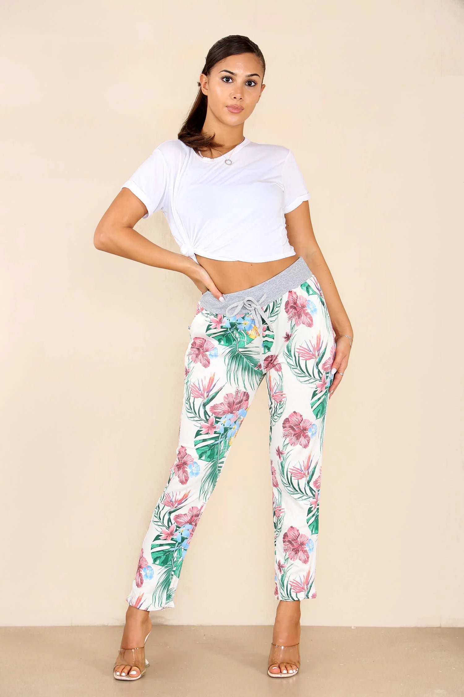Plus Size Italian Tropical Print Drawstring Cotton Joggers Trouser WearAll White 16