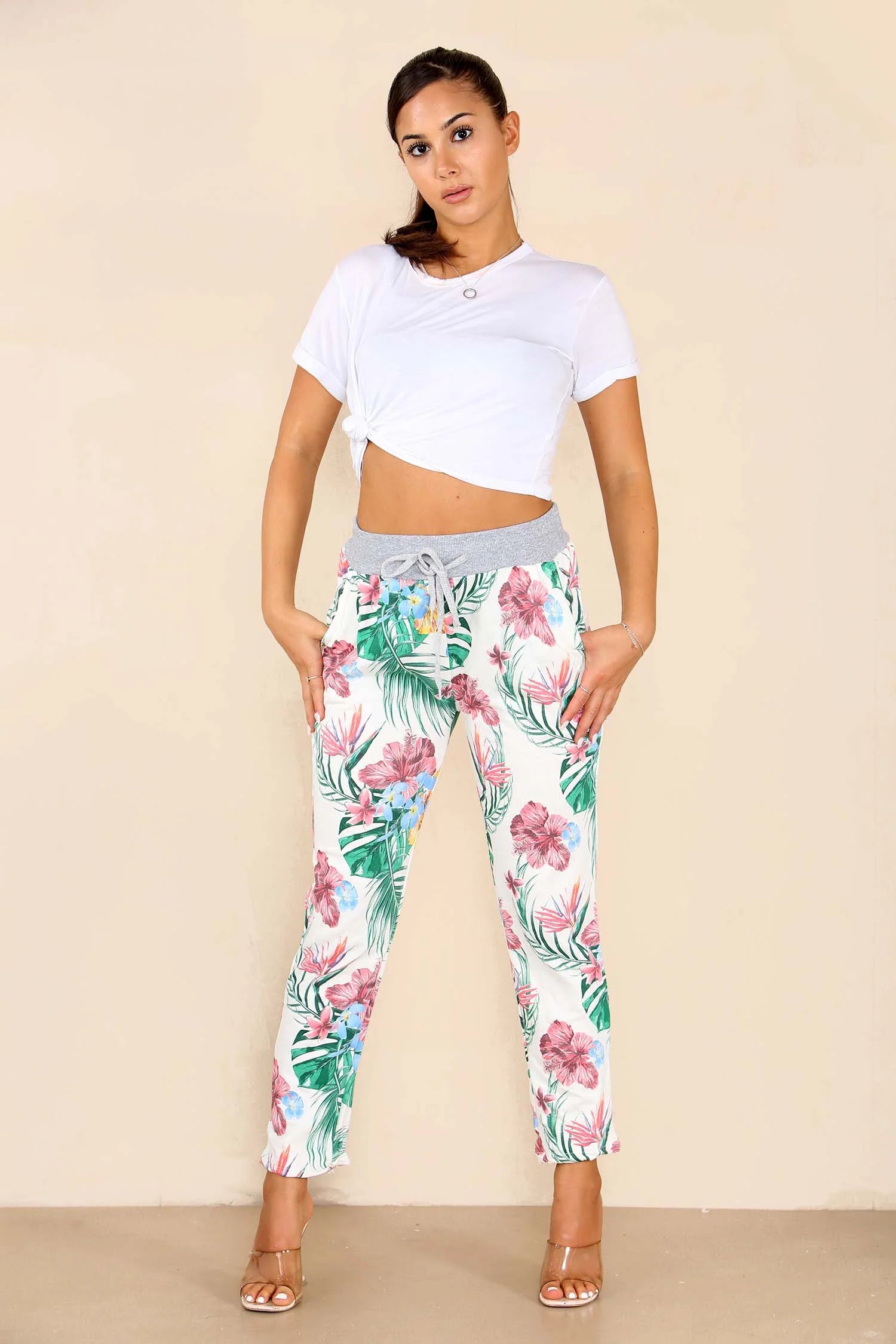 Italian Tropical Print Drawstring Cotton Joggers Trouser WearAll White 8