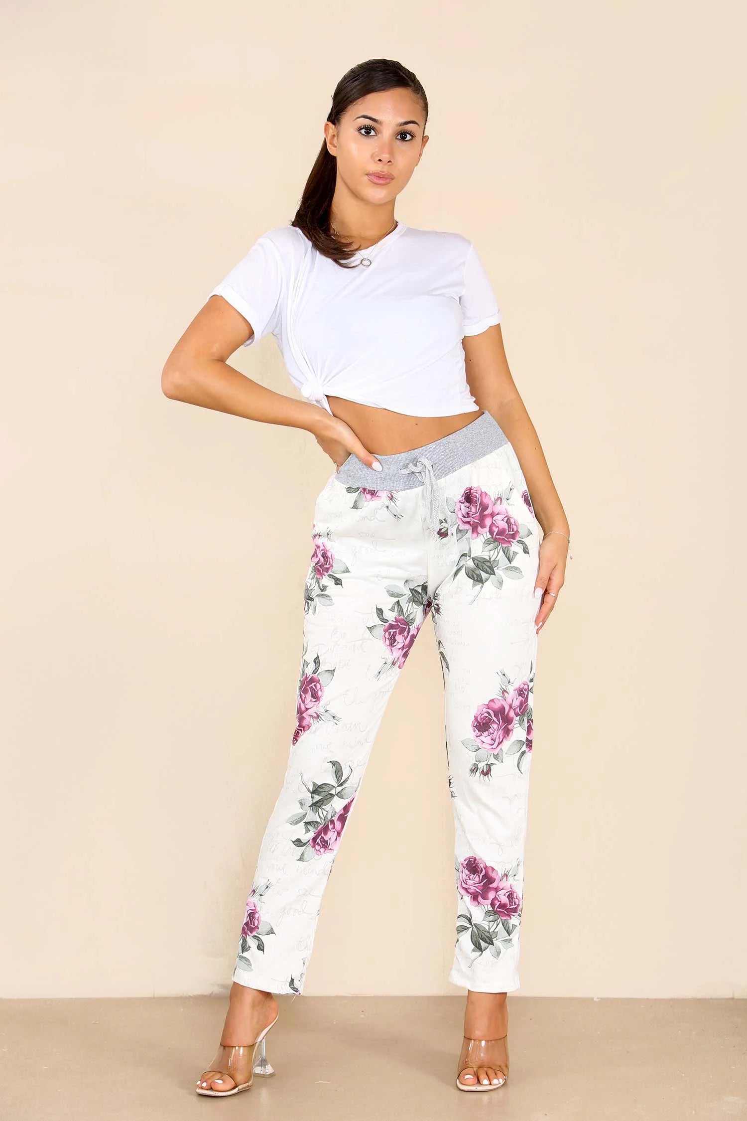 Italian Floral Print Drawstring Cotton Joggers - Pink & Blue Trouser WearAll Pink 8