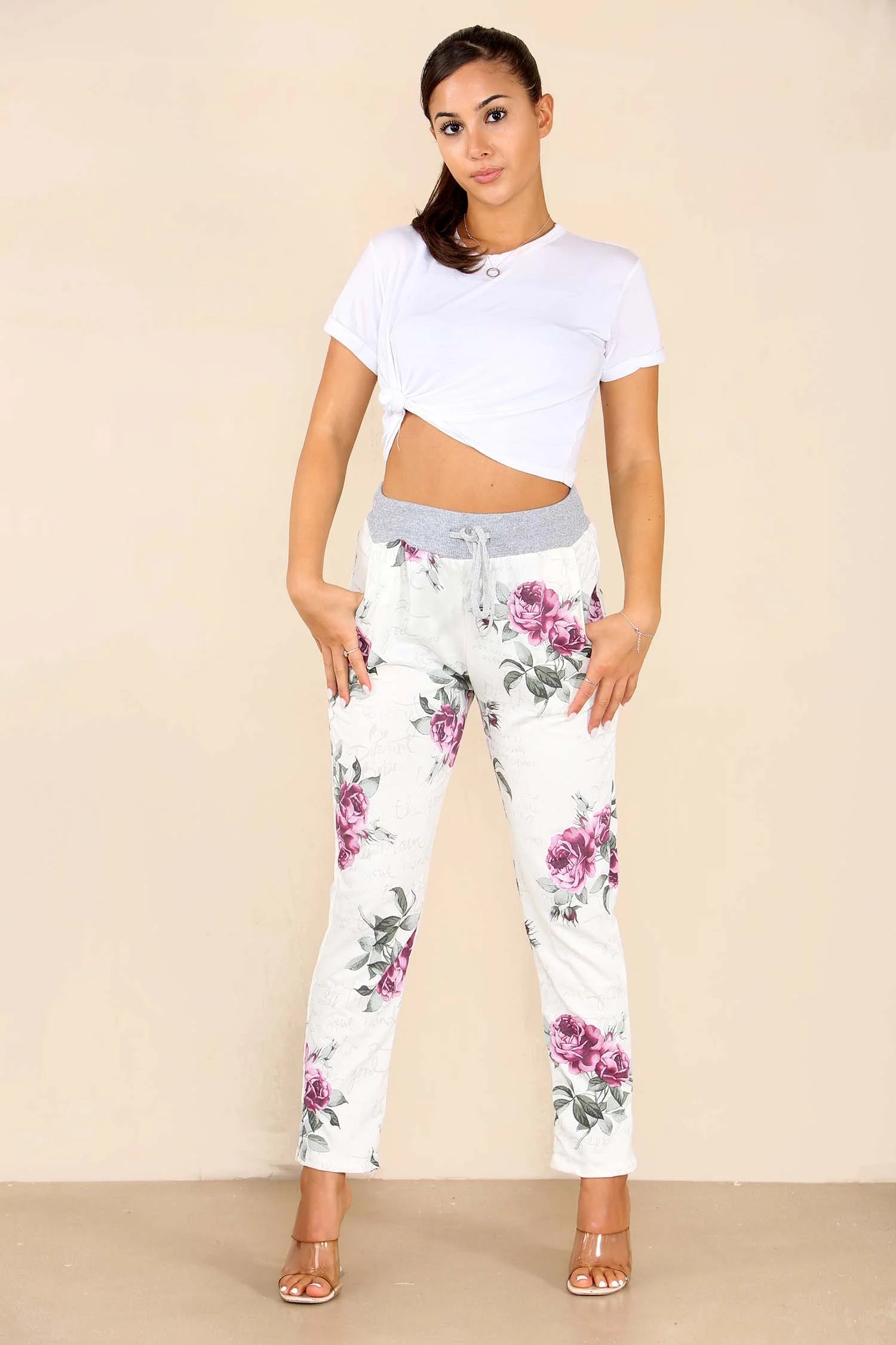 Italian Floral Print Drawstring Cotton Joggers - Pink & Blue Trouser WearAll