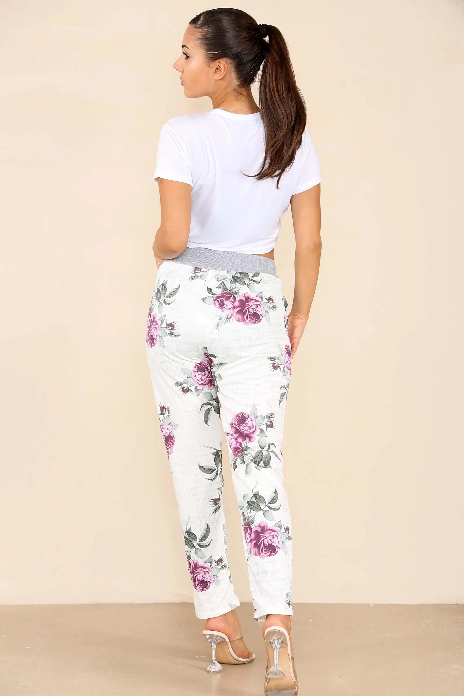 Italian Floral Print Drawstring Cotton Joggers - Pink & Blue Trouser WearAll