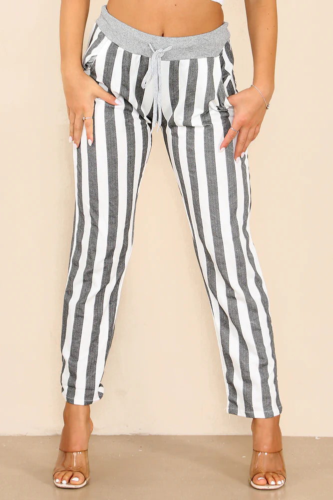 Italian Striped Print Drawstring Cotton Joggers Trouser WearAll Black 8