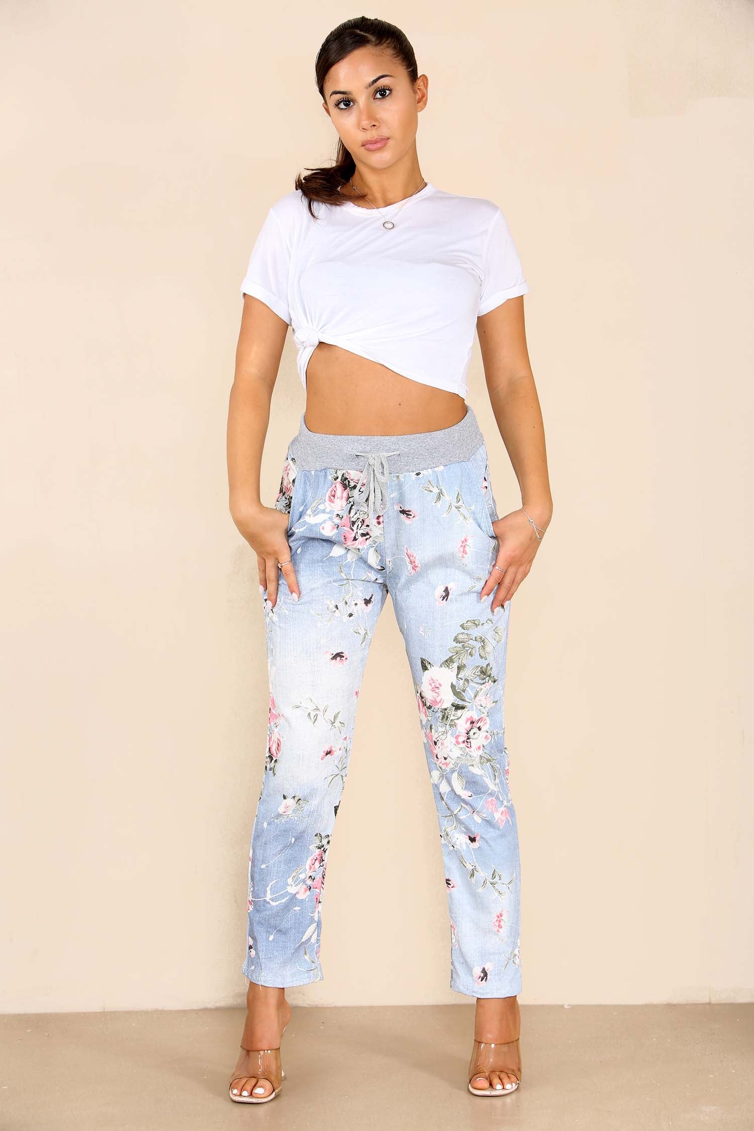 Italian Floral Print Drawstring Cotton Joggers - Black Blue Pink Pista Lime Green Trousers WearAll