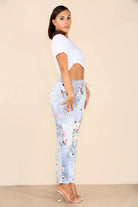 Italian Floral Print Drawstring Cotton Joggers - Black Blue Pink Pista Lime Green Trousers WearAll