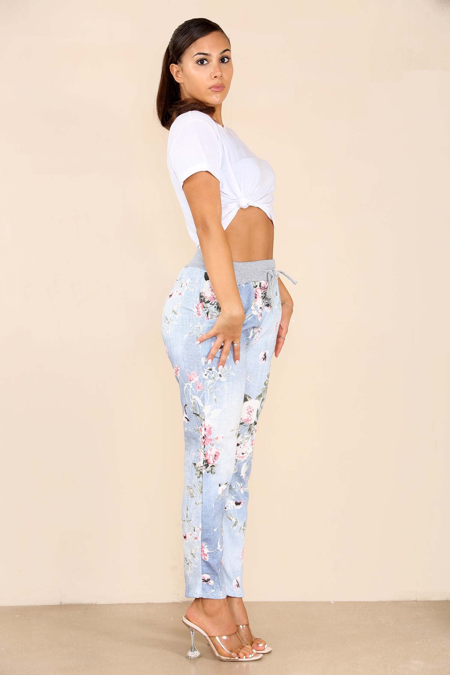 Italian Floral Print Drawstring Cotton Joggers - Black Blue Pink Pista Lime Green Trousers WearAll