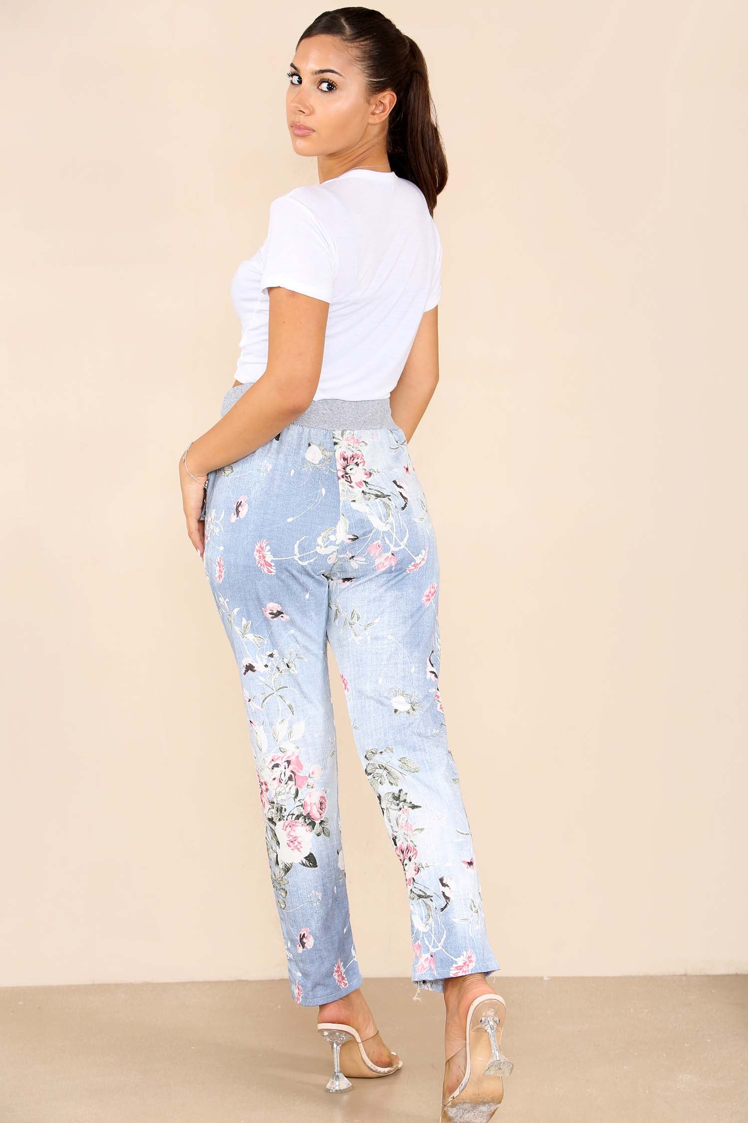 Italian Floral Print Drawstring Cotton Joggers - Black Blue Pink Pista Lime Green Trousers WearAll