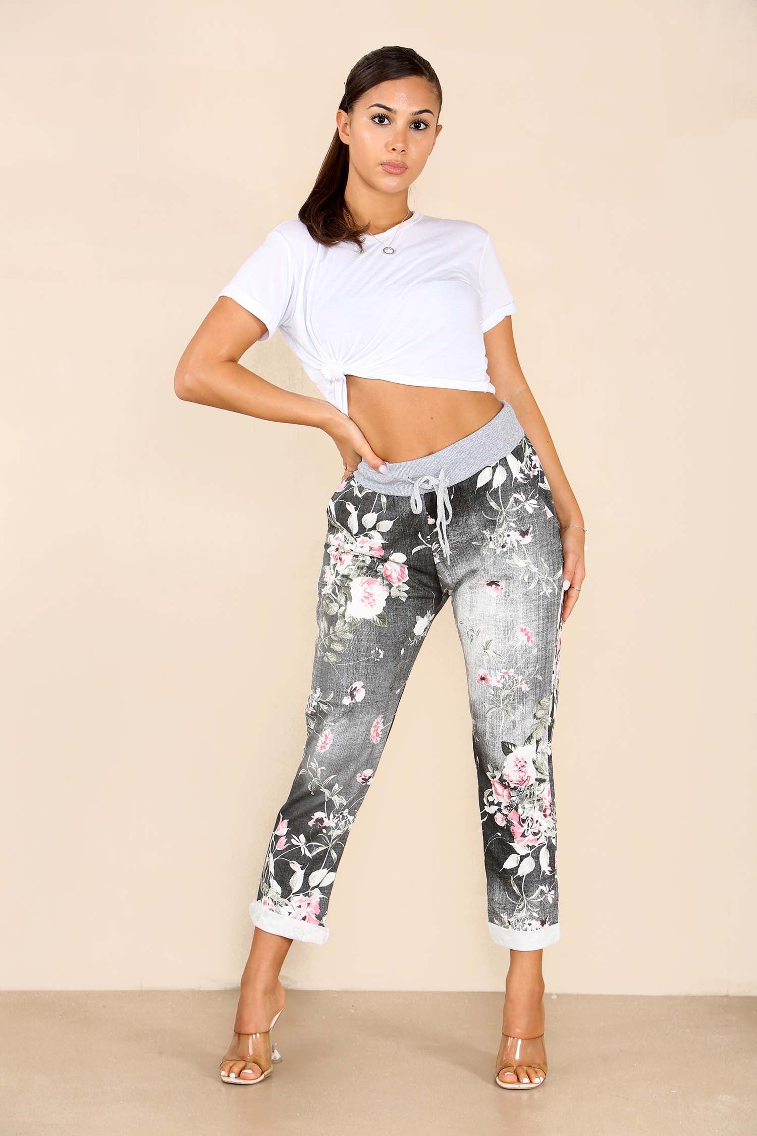 Italian Floral Print Drawstring Cotton Joggers - Black Blue Pink Pista Lime Green Trousers WearAll Black 8