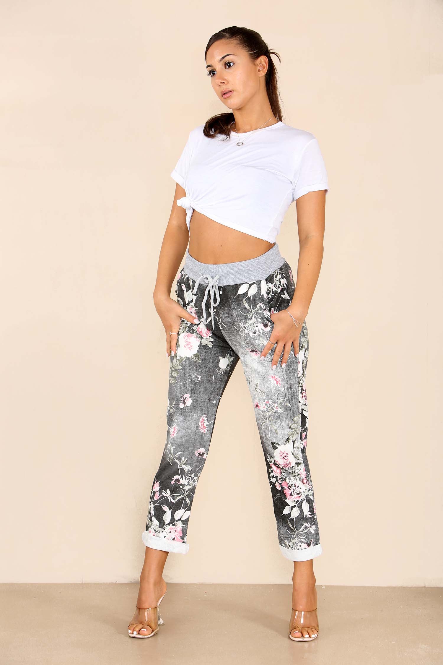 Italian Floral Print Drawstring Cotton Joggers - Black Blue Pink Pista Lime Green Trousers WearAll