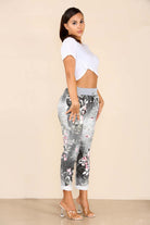 Italian Floral Print Drawstring Cotton Joggers - Black Blue Pink Pista Lime Green Trousers WearAll