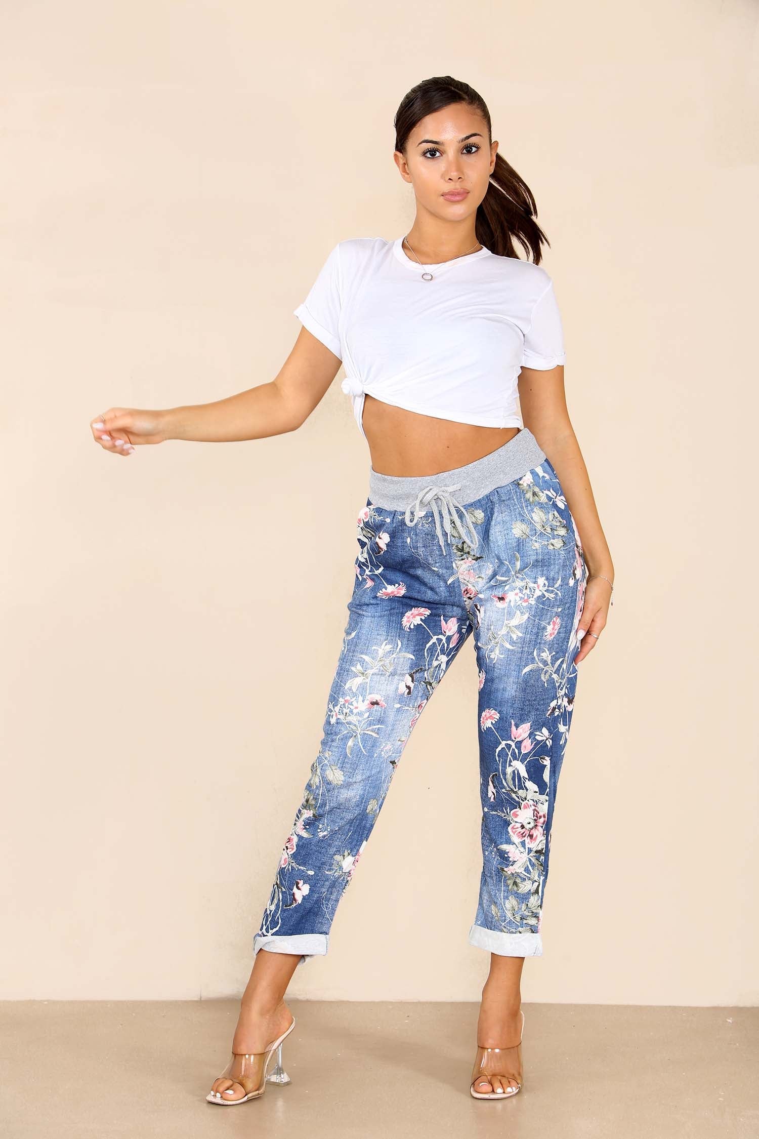 Italian Floral Print Drawstring Cotton Joggers - Black Blue Pink Pista Lime Green Trousers WearAll Blue 8