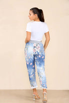 Italian Floral Print Drawstring Cotton Joggers - Black Blue Pink Pista Lime Green Trousers WearAll