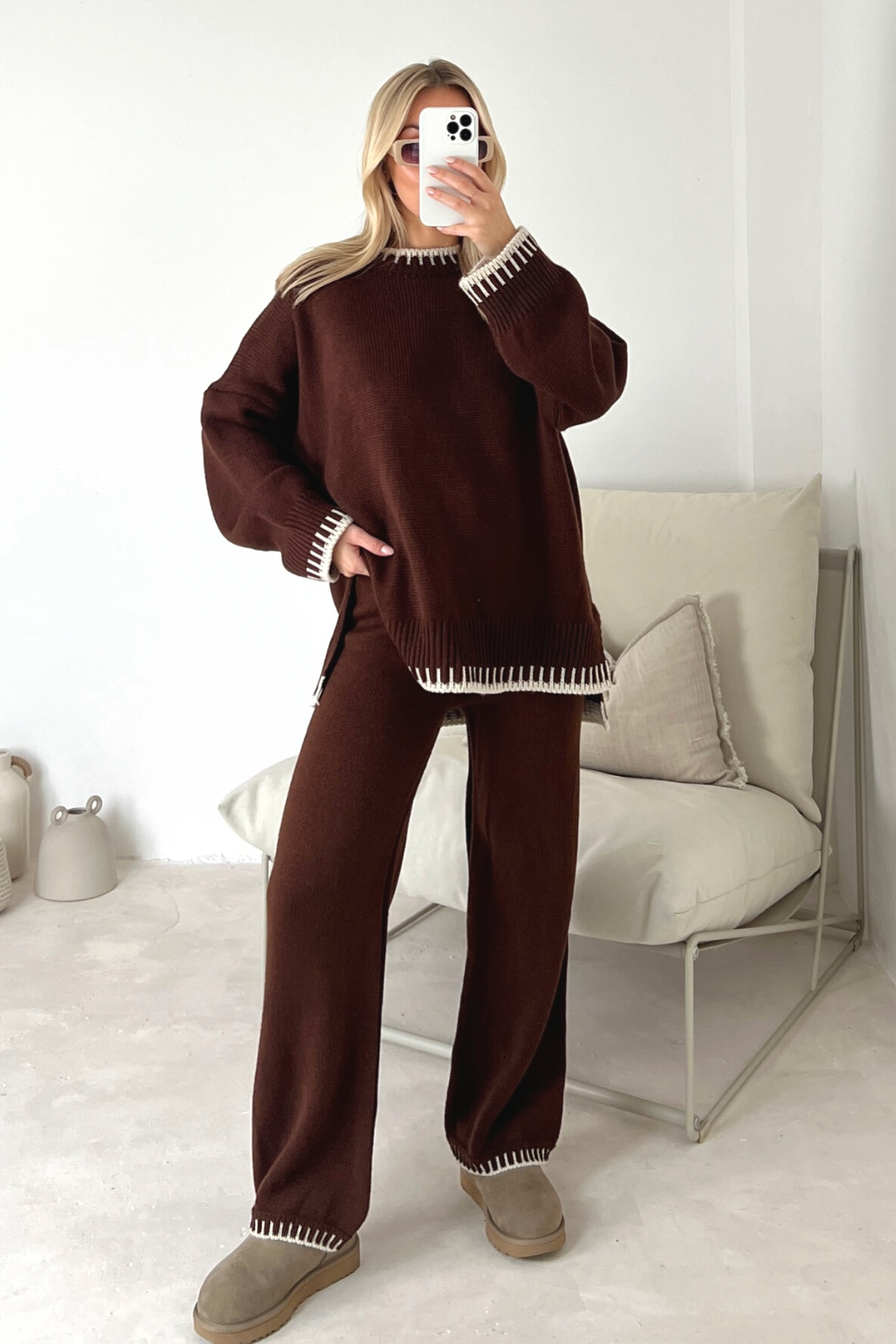 Loungewear Wavy Edge Round Neck Pullover & Wide Leg Pants Co-ord Loungewear WearAll Brown S