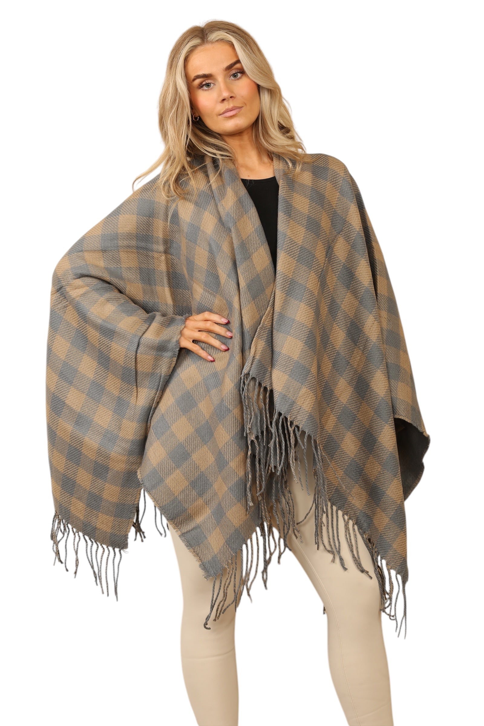 Reversible Plain Check Print Oversized Shawl Cardigan WearAll Tartan Blue OneSize