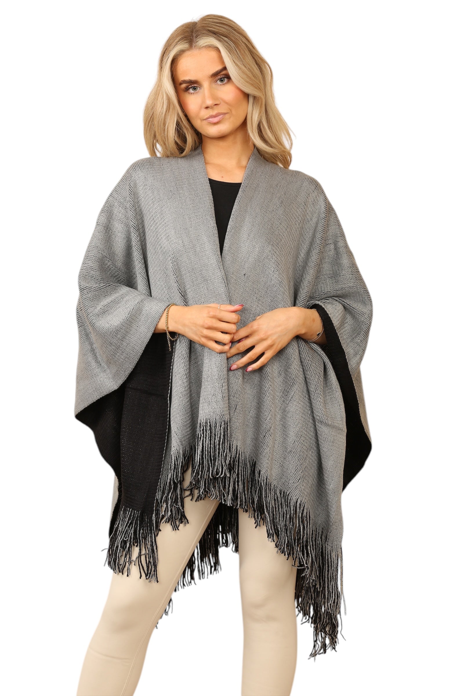 Reversible Plain Check Print Oversized Shawl Cardigan WearAll Grey OneSize