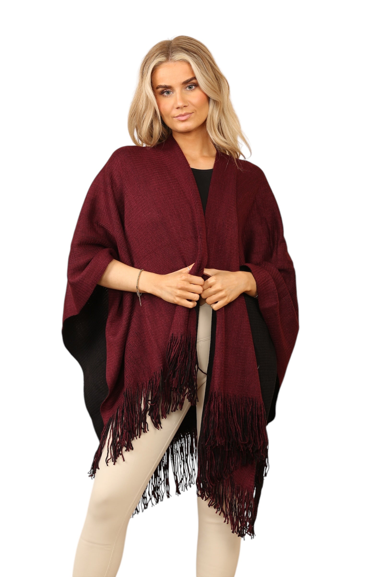 Reversible Plain Check Print Oversized Shawl Cardigan WearAll Wine OneSize