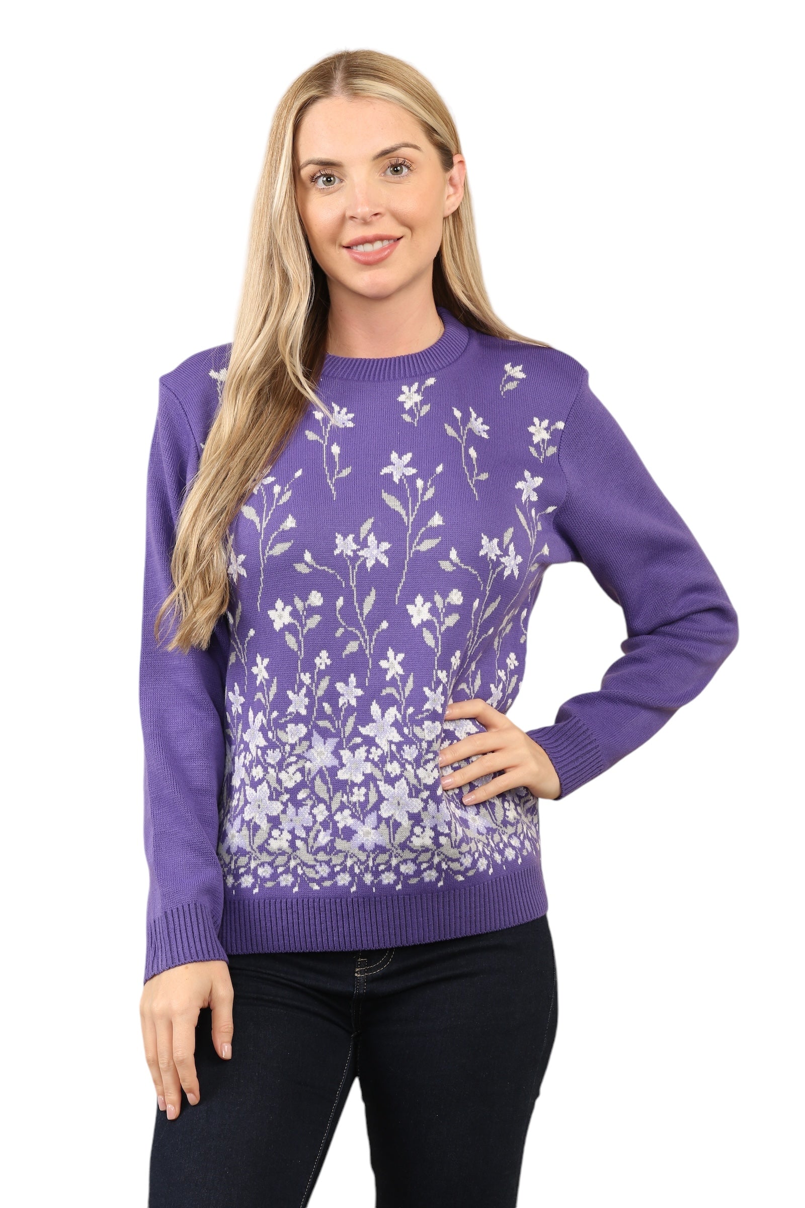 Knitted Floral Jumper Jacquard knit Sweater Jumper WearAll Purple S/M