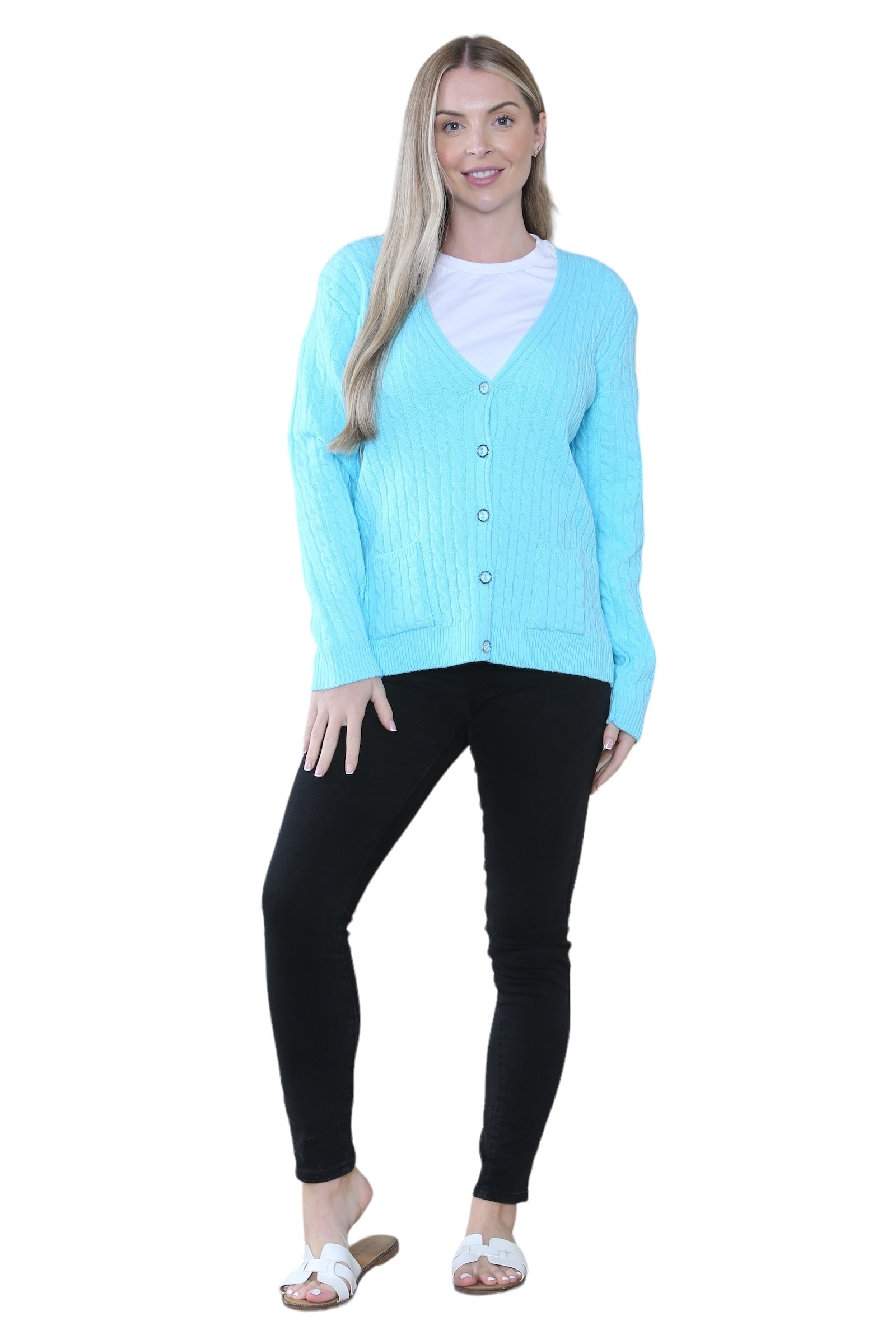 Women Long sleeve V Neck Cable Knit Button Cardigan Knitted Jumper Cardigan WearAll