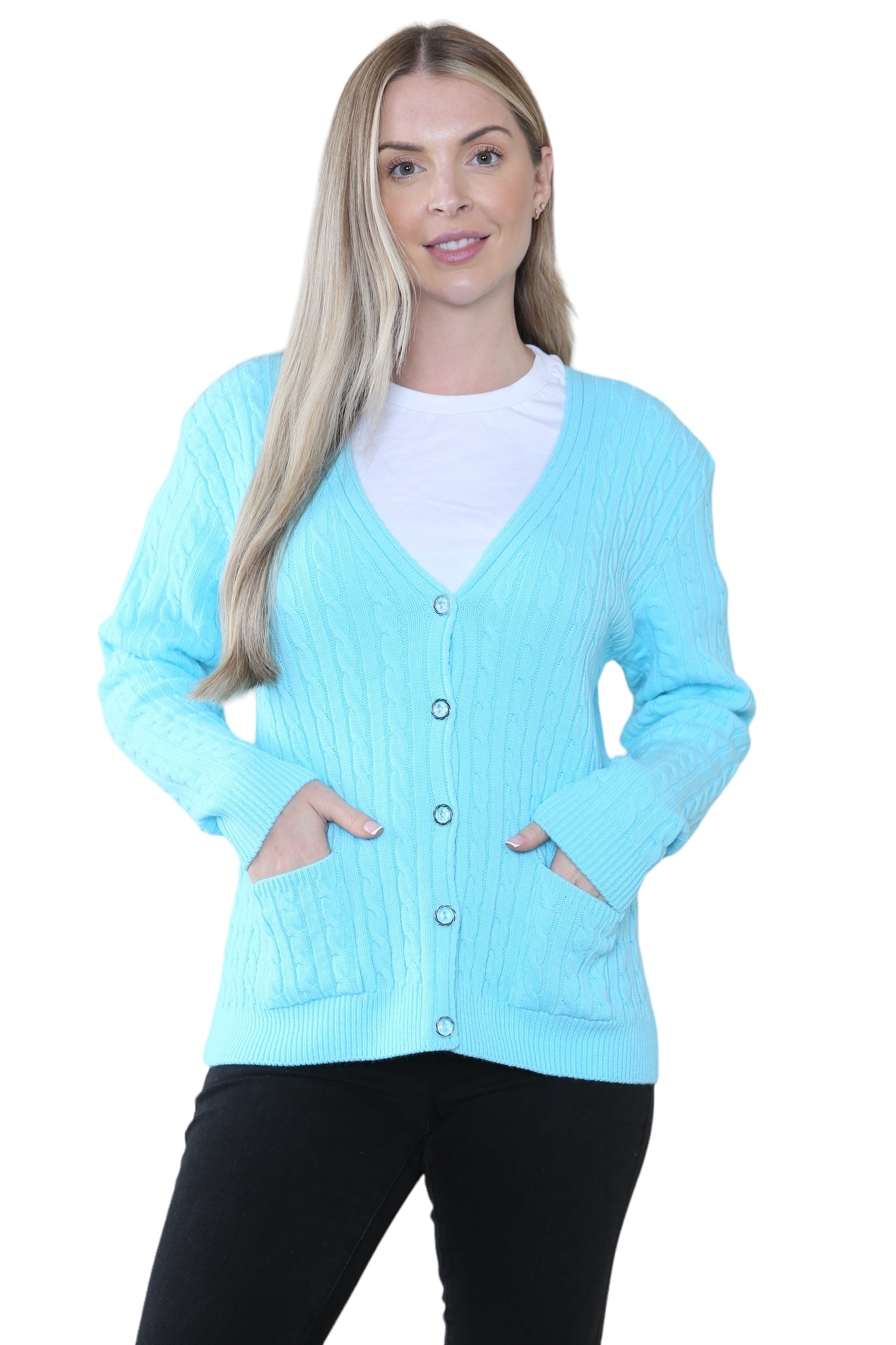 Women Long sleeve V Neck Cable Knit Button Cardigan Knitted Jumper Cardigan WearAll Aqua 8-10