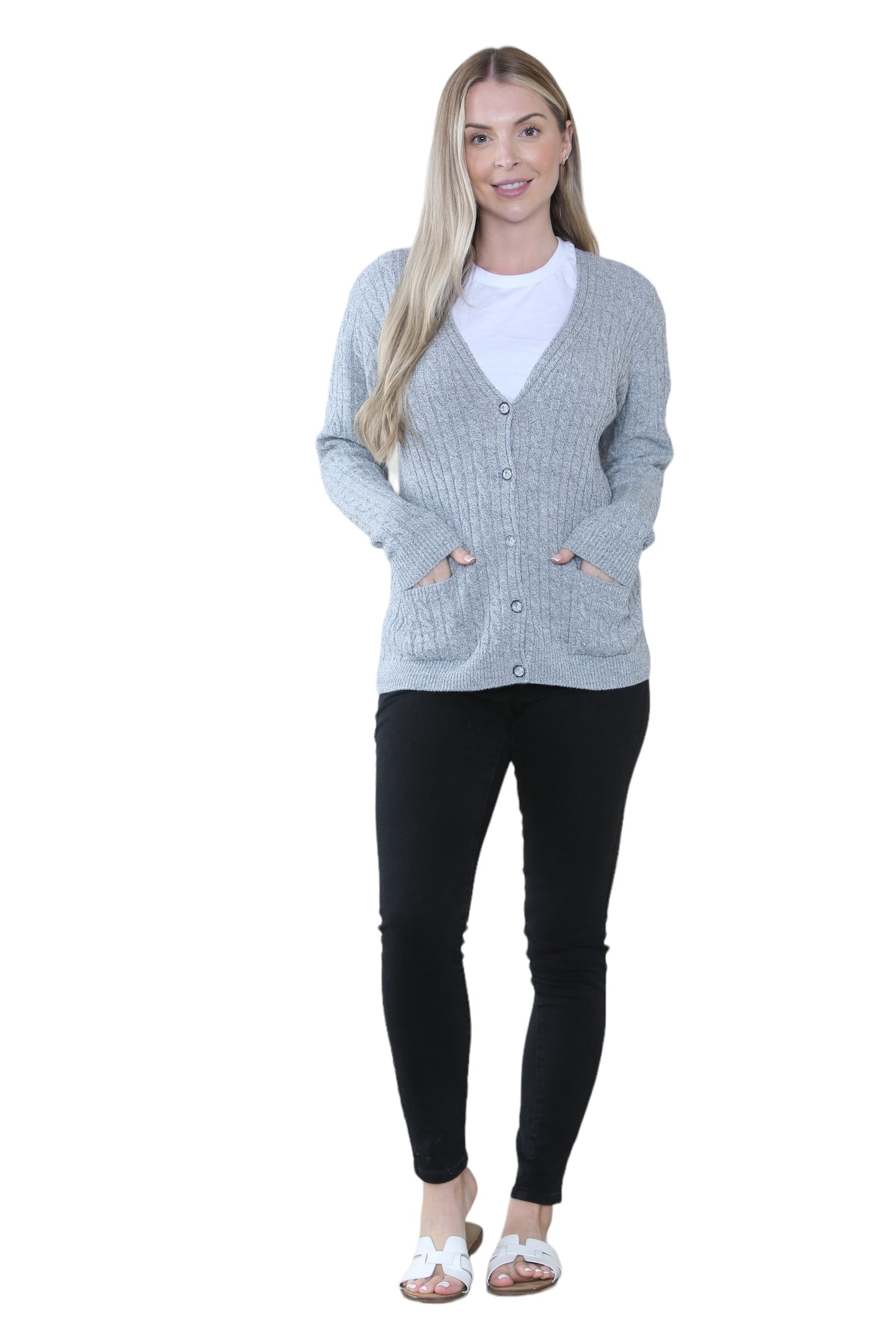 Women Long sleeve V Neck Cable Knit Button Cardigan Knitted Jumper Cardigan WearAll