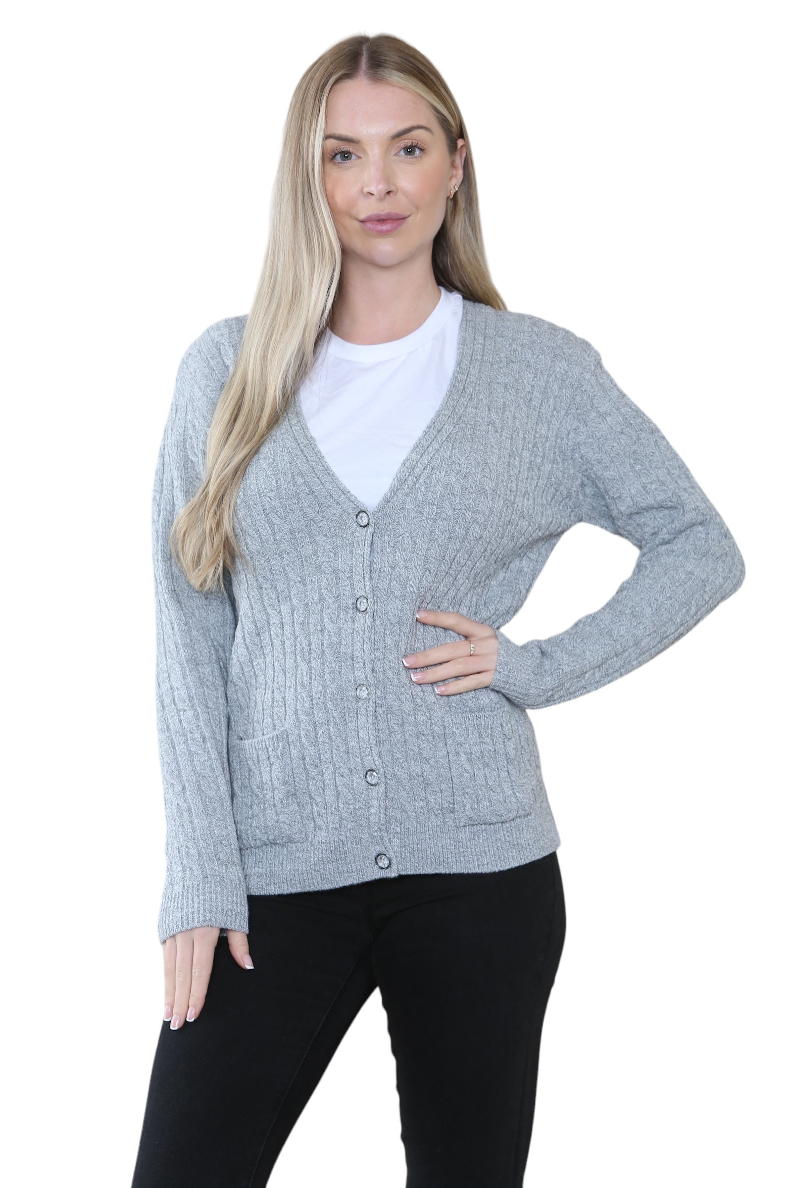 Women Long sleeve V Neck Cable Knit Button Cardigan Knitted Jumper Cardigan WearAll