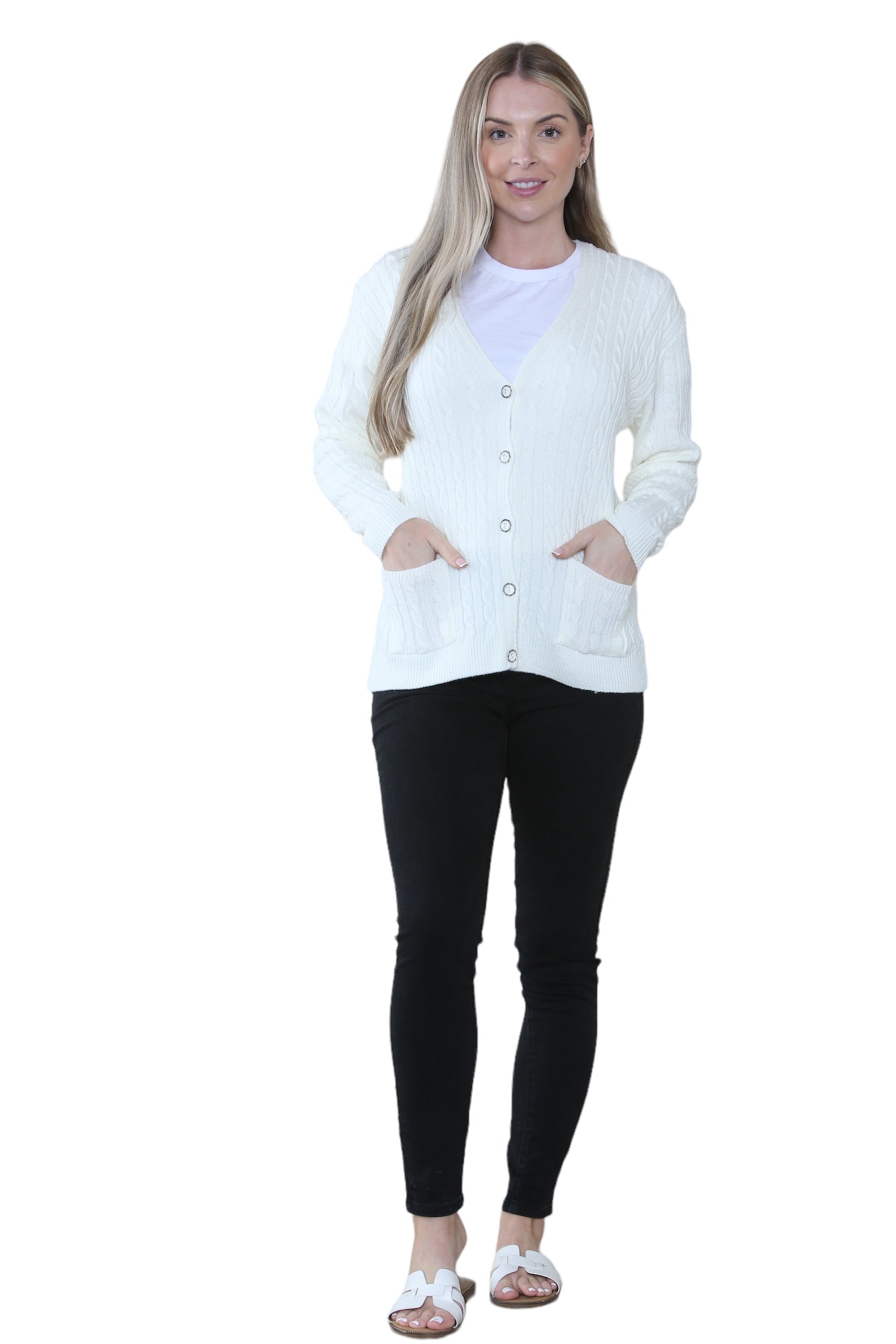 Women Long sleeve V Neck Cable Knit Button Cardigan Knitted Jumper Cardigan WearAll