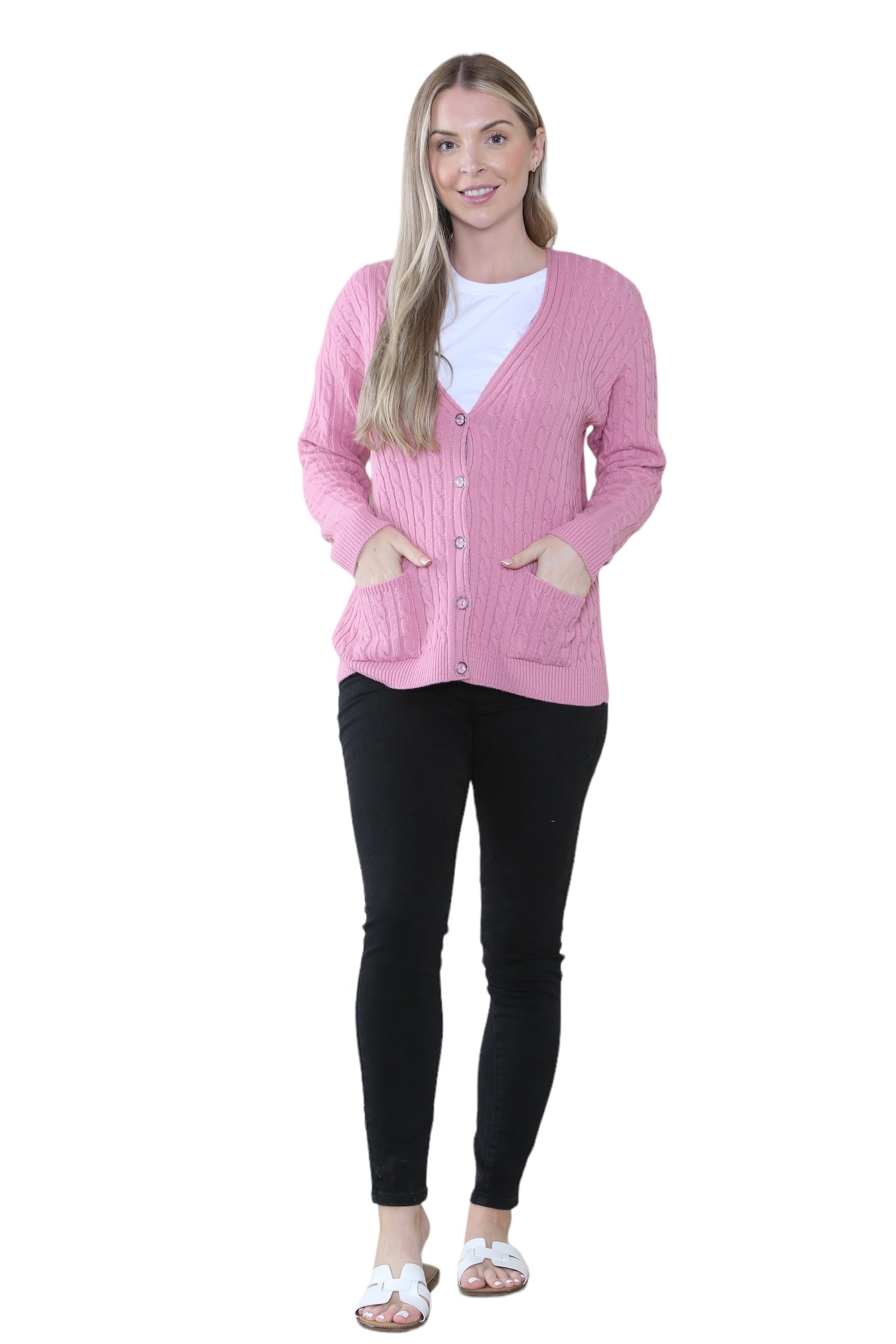 Women Long sleeve V Neck Cable Knit Button Cardigan Knitted Jumper Cardigan WearAll