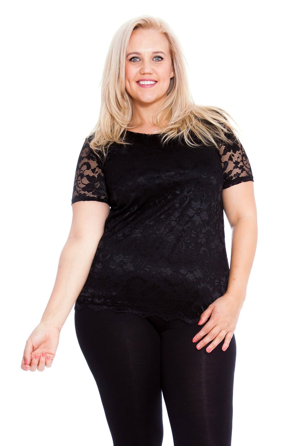 Lace Lined Scallop Edge T-Shirt Top Tops WearAll Black 14