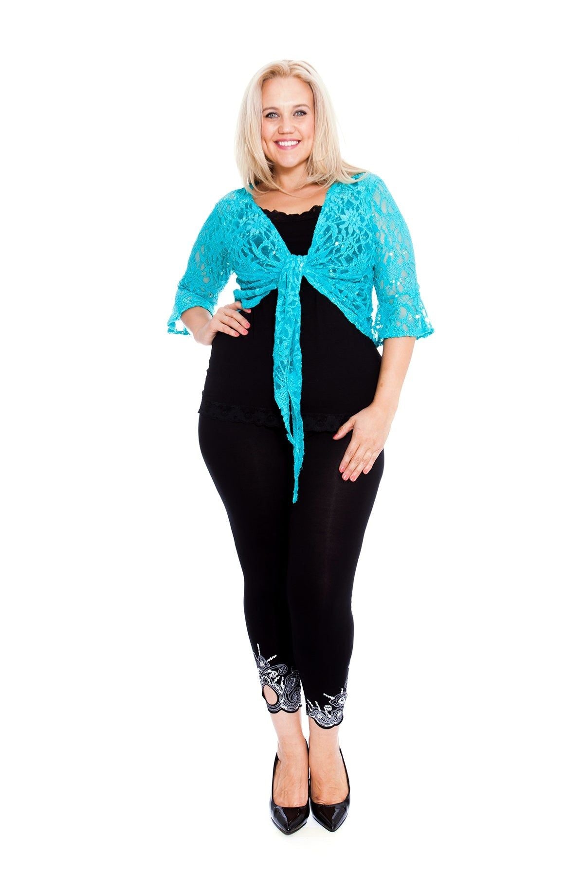 Plus SIze Sequin Lace Tie Up 3/4 Bell Crochet Top Tops WearAll