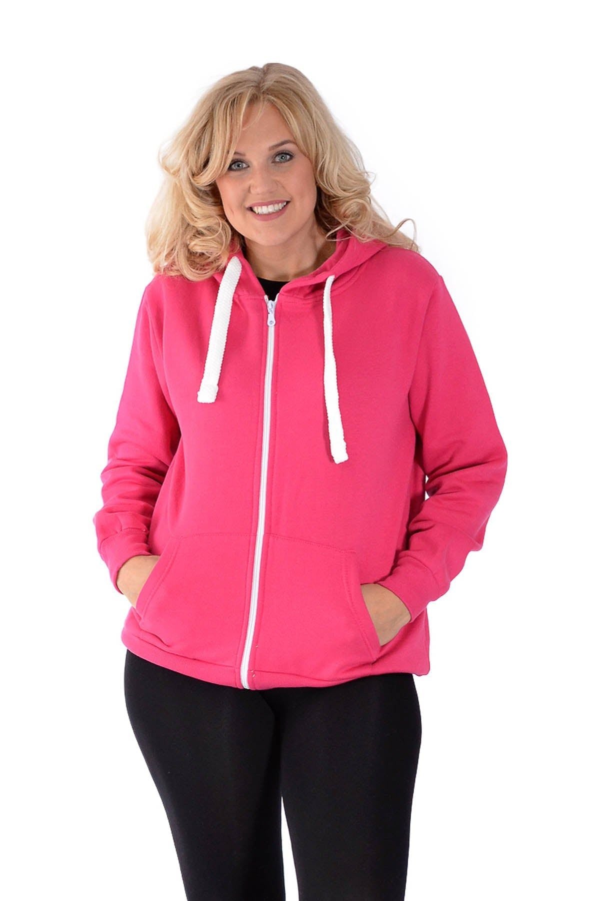 Plus Size Pocket Plain Zip Hoodie Tops WearAll Cerise 14
