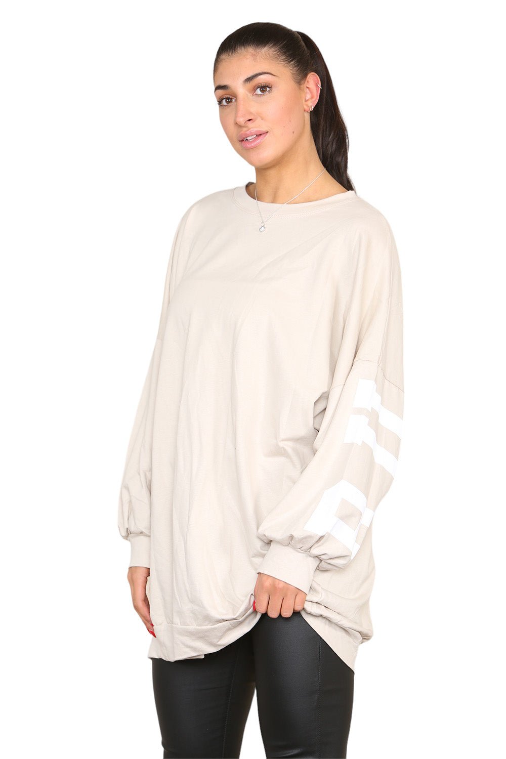 Buffalo Slogan Print Oversized Jumper Dress Dress WearAll Beige One Size UK Fit(10-18)