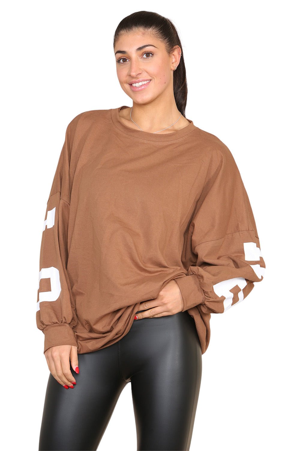 Buffalo Slogan Print Oversized Jumper Dress Dress WearAll Camel One Size UK Fit(10-18)