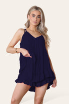Cami Pleated Frill Hem Top & Matching Frill Shorts Co-Ord Set Co-Ord WearAll Navy One Size UK Fit (8 to 14)