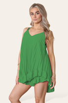 Cami Pleated Frill Hem Top & Matching Frill Shorts Co-Ord Set Co-Ord WearAll Jade Green One Size UK Fit (8 to 14)