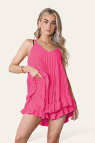 Cami Pleated Frill Hem Top & Matching Frill Shorts Co-Ord Set Co-Ord WearAll Fuchsia One Size UK Fit (8 to 14)