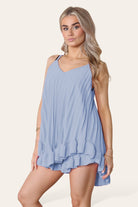 Cami Pleated Frill Hem Top & Matching Frill Shorts Co-Ord Set Co-Ord WearAll Sky Blue One Size UK Fit (8 to 14)