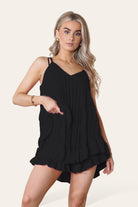 Cami Pleated Frill Hem Top & Matching Frill Shorts Co-Ord Set Co-Ord WearAll Black One Size UK Fit (8 to 14)