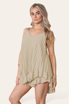 Cami Pleated Frill Hem Top & Matching Frill Shorts Co-Ord Set Co-Ord WearAll Beige One Size UK Fit (8 to 14)