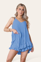 Cami Pleated Frill Hem Top & Matching Frill Shorts Co-Ord Set Co-Ord WearAll Denim One Size UK Fit (8 to 14)