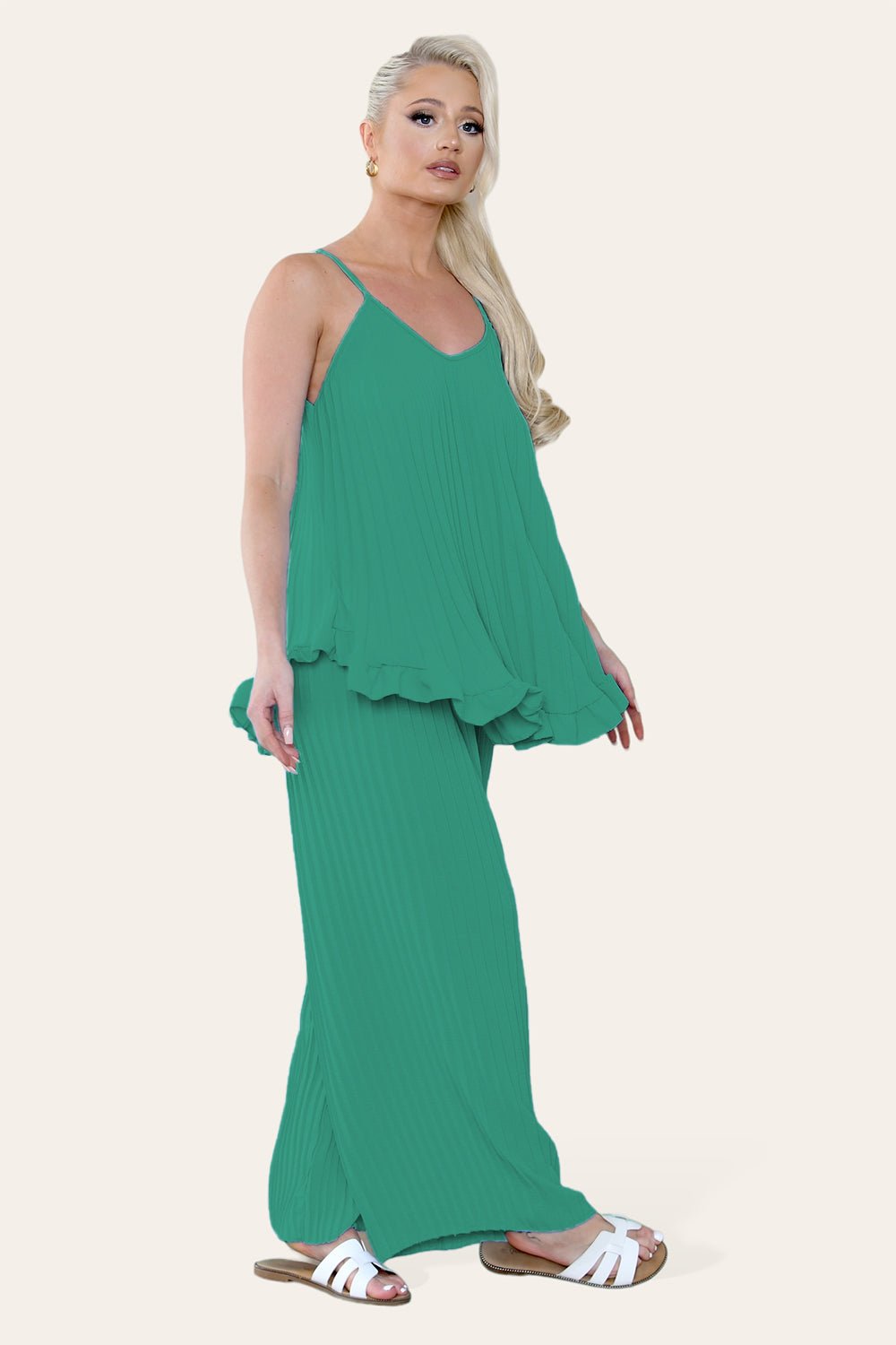 Camy Wild Style Pleated Trousers Set Loungewear WearAll Jade Green One Size UK Fit (8-16)