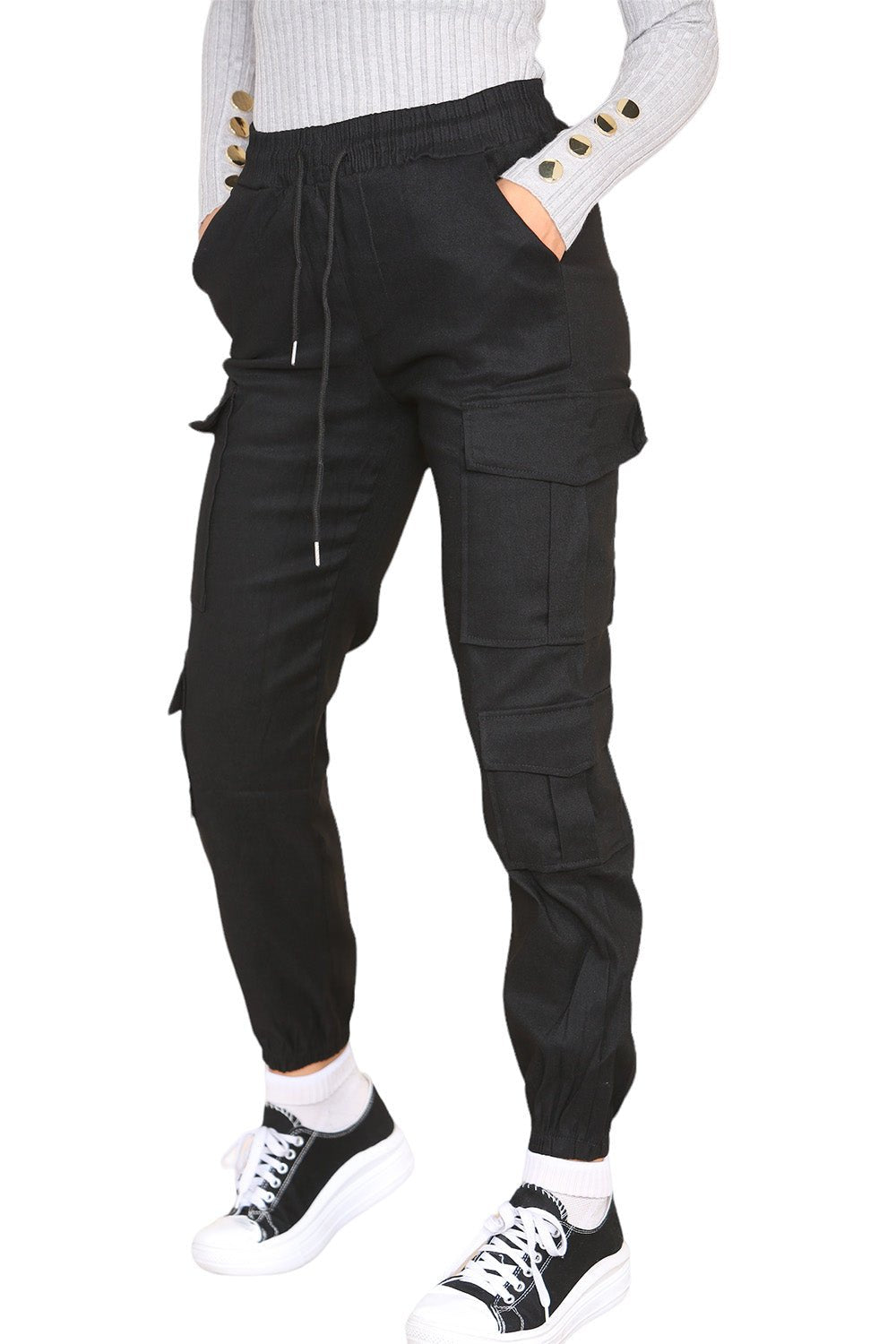 Cargo Pockets Pants Women High Waist Cropped Slim Fit Trouser Trouser WearAll