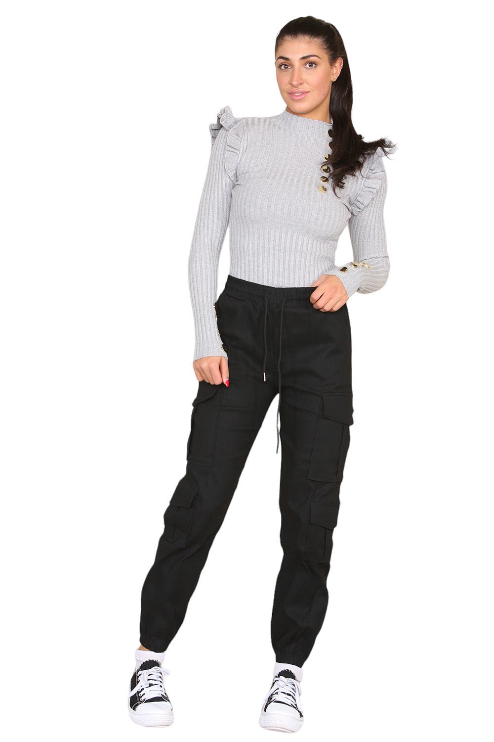 Cargo Pockets Pants Women High Waist Cropped Slim Fit Trouser Trouser WearAll Black S/M