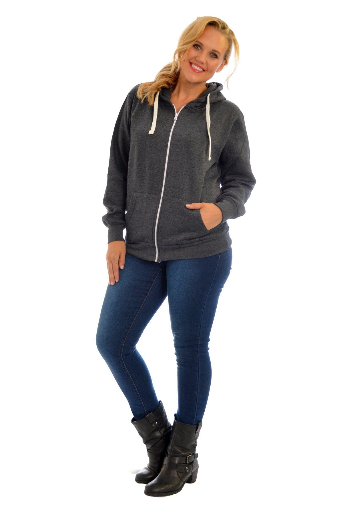 Plus Size Pocket Plain Zip Hoodie Tops WearAll