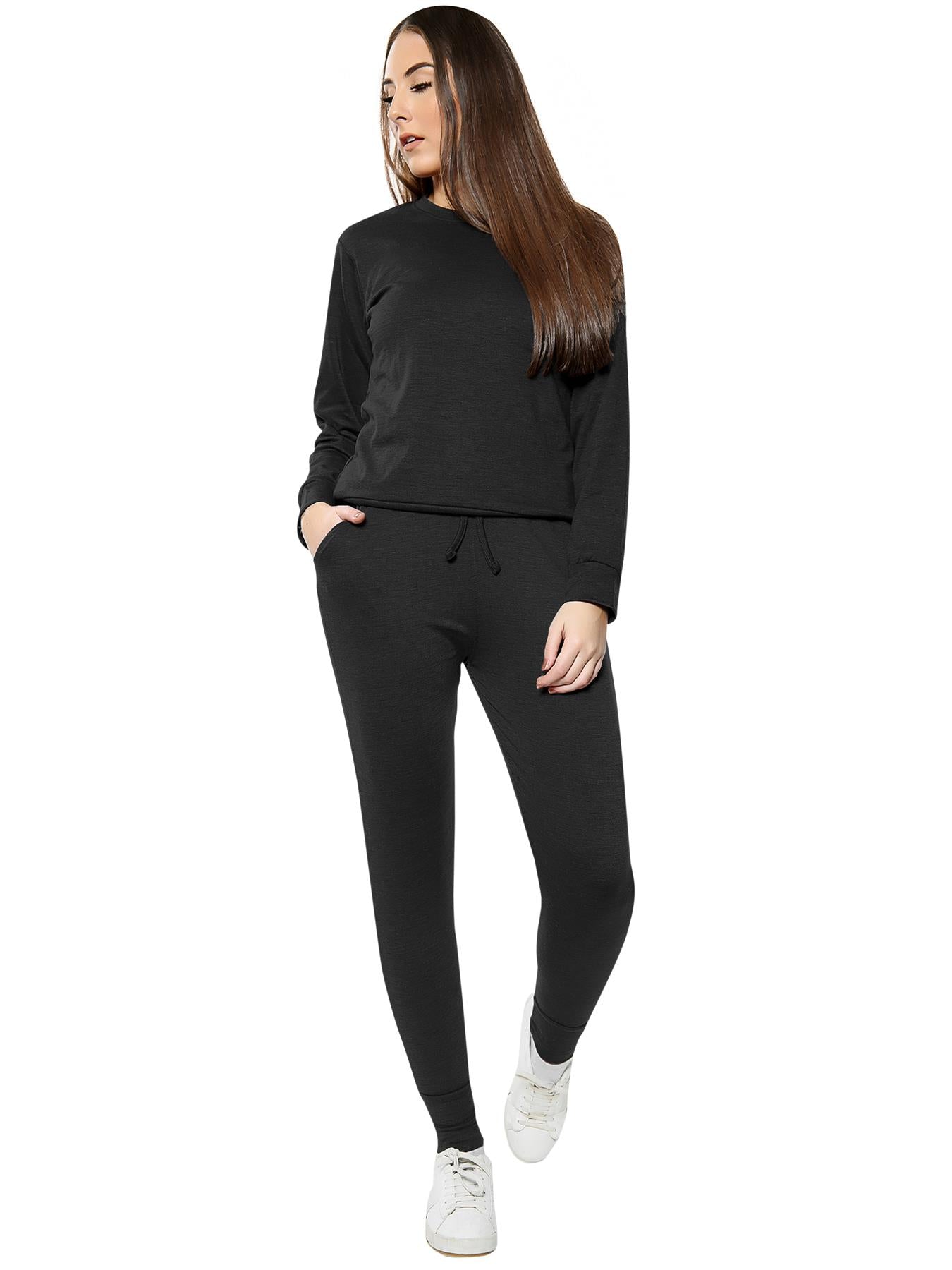 Long Sleeved Plain Lounge Wear Two Piece Loungewear WearAll Black 8-10