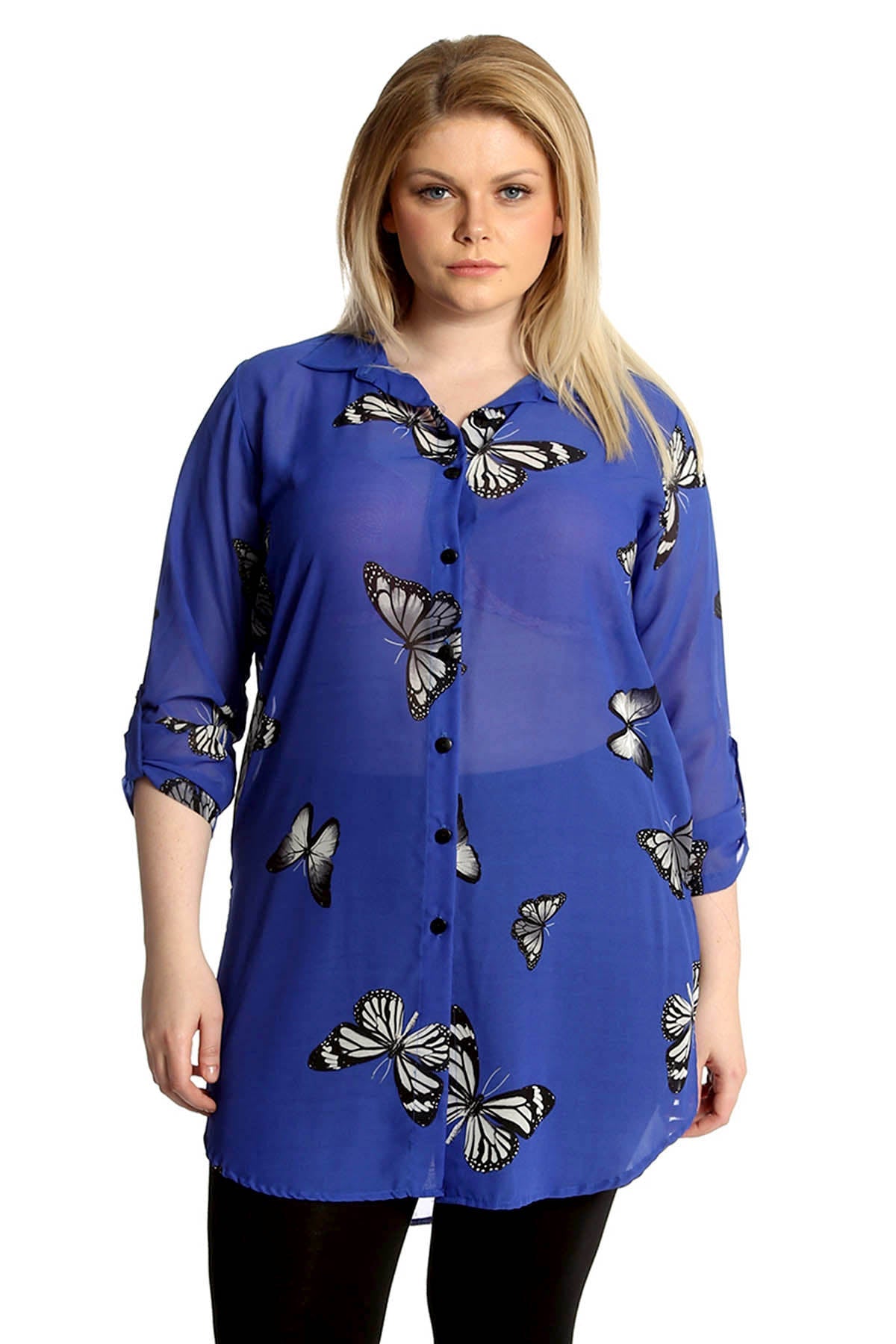 Butterfly Print Side Slit Curved Hem Top Tops WearAll Royal Blue 16