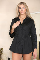 Collar Pleated Long Sleeve Women Fitted Waist Shirt Top & Bodysuit WearAll Black One Size UK Fit (8-12)
