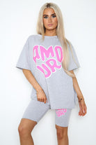 Cycling Shorts and T-Shirts Co-Ords Sets Co-Ord Suit Set WearAll Amour Slogan Grey One Size UK Fit (Upto 14)