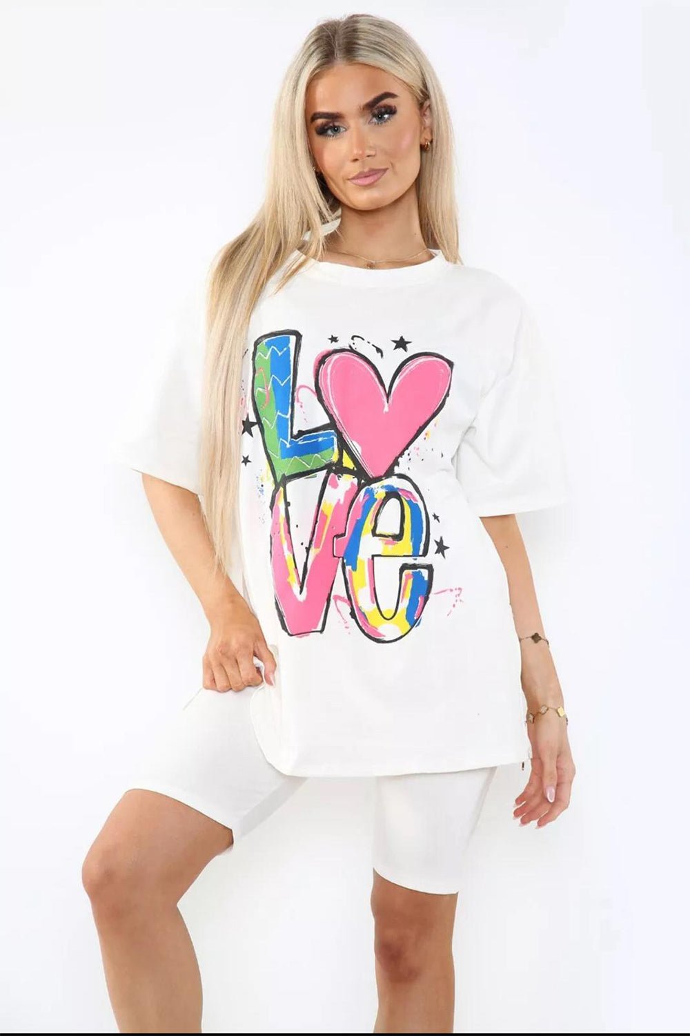 Cycling Shorts and T-Shirts Co-Ords Sets Co-Ord Suit Set WearAll Love Slogan White / Cream One Size UK Fit (Upto 14)