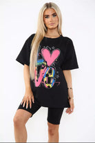 Cycling Shorts and T-Shirts Co-Ords Sets Co-Ord Suit Set WearAll Love Slogan Black One Size UK Fit (Upto 14)