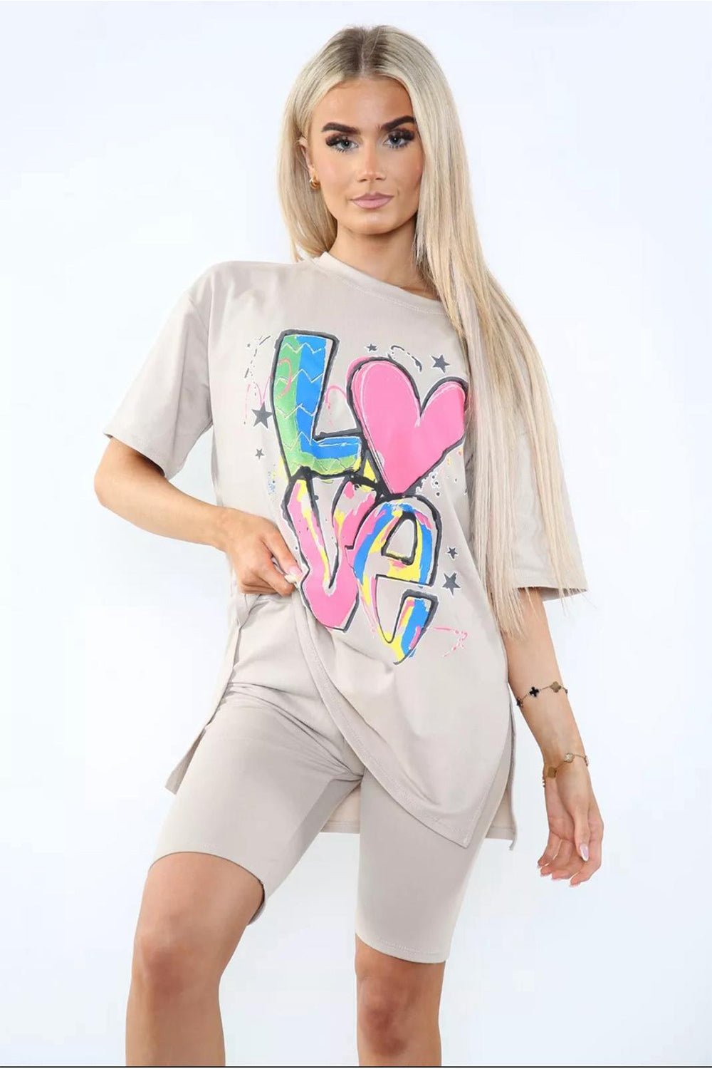 Cycling Shorts and T-Shirts Co-Ords Sets Co-Ord Suit Set WearAll Love Slogan Beige One Size UK Fit (Upto 14)