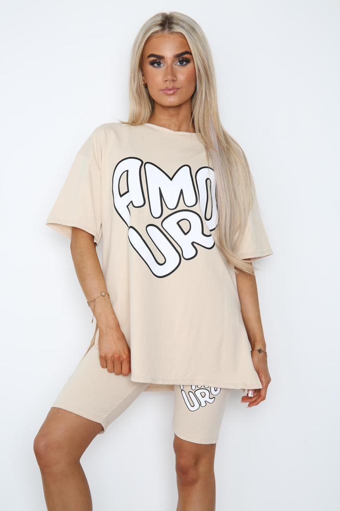 Cycling Shorts and T-Shirts Co-Ords Sets Co-Ord Suit Set WearAll Amour Slogan Beige One Size UK Fit (Upto 14)